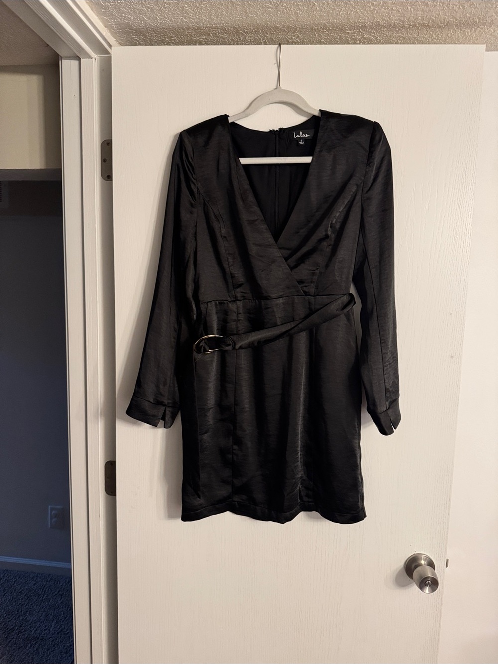 Lulu's Black Satin Long Sleeve Wrap Mini Dress with Belt